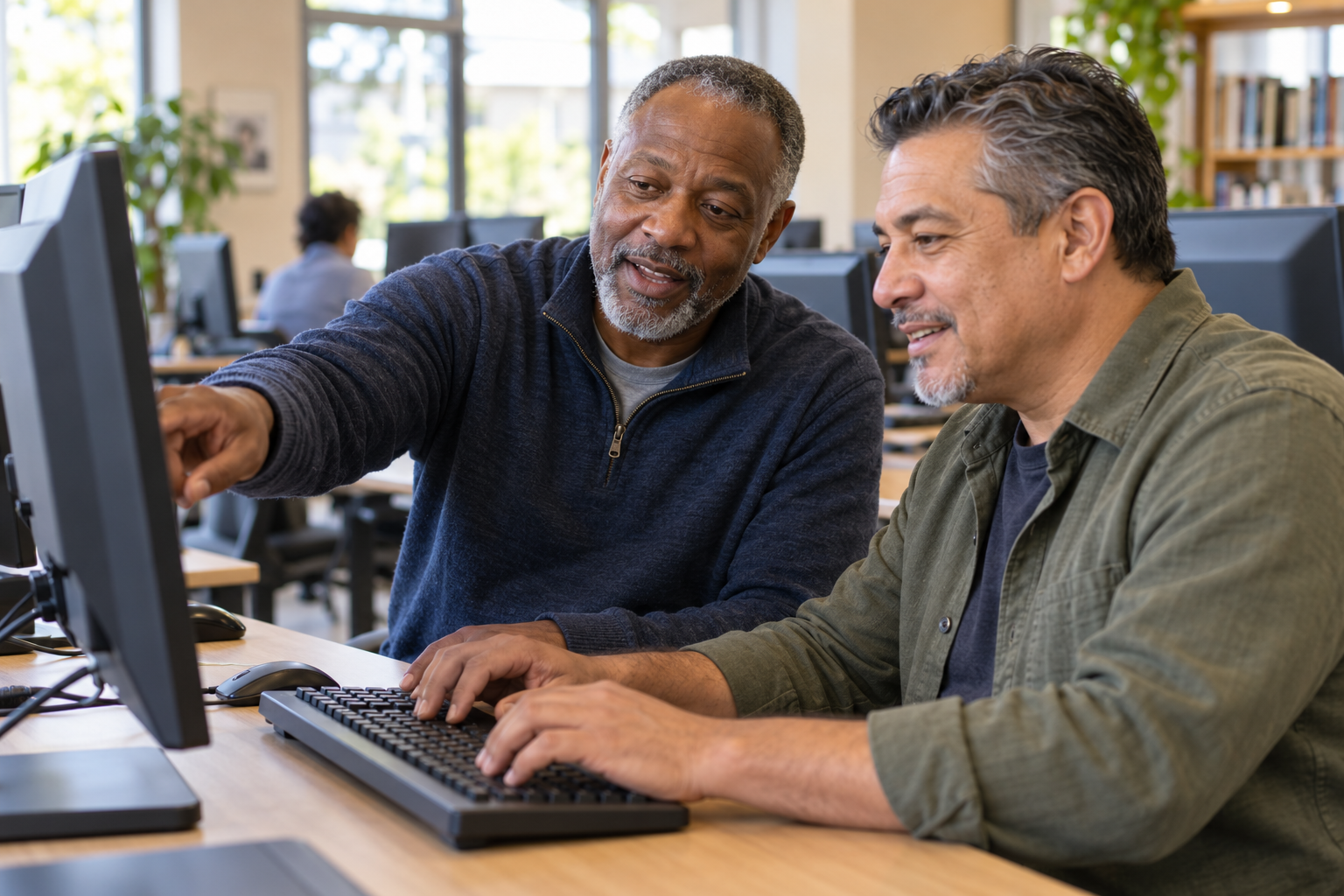 A Black man and a Latino man in their 40s to 60s talking and learning technology together at computers in a community lab