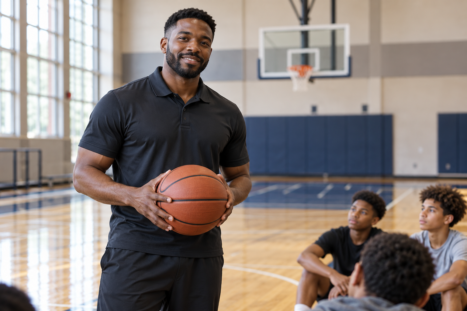 A coach holding a basketball on an indoor basketball court