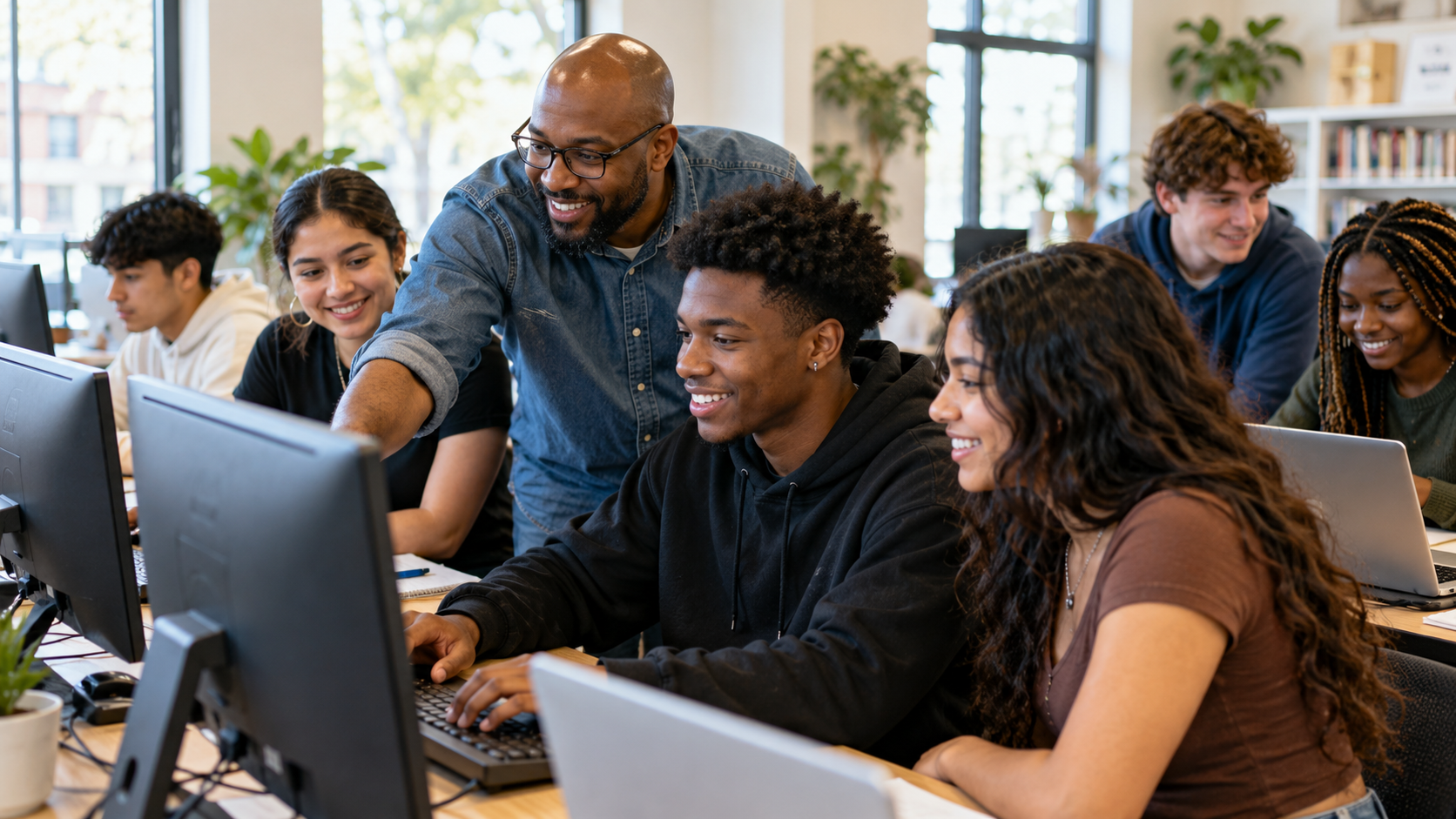 Illustration of diverse young adults learning together in a community computer lab