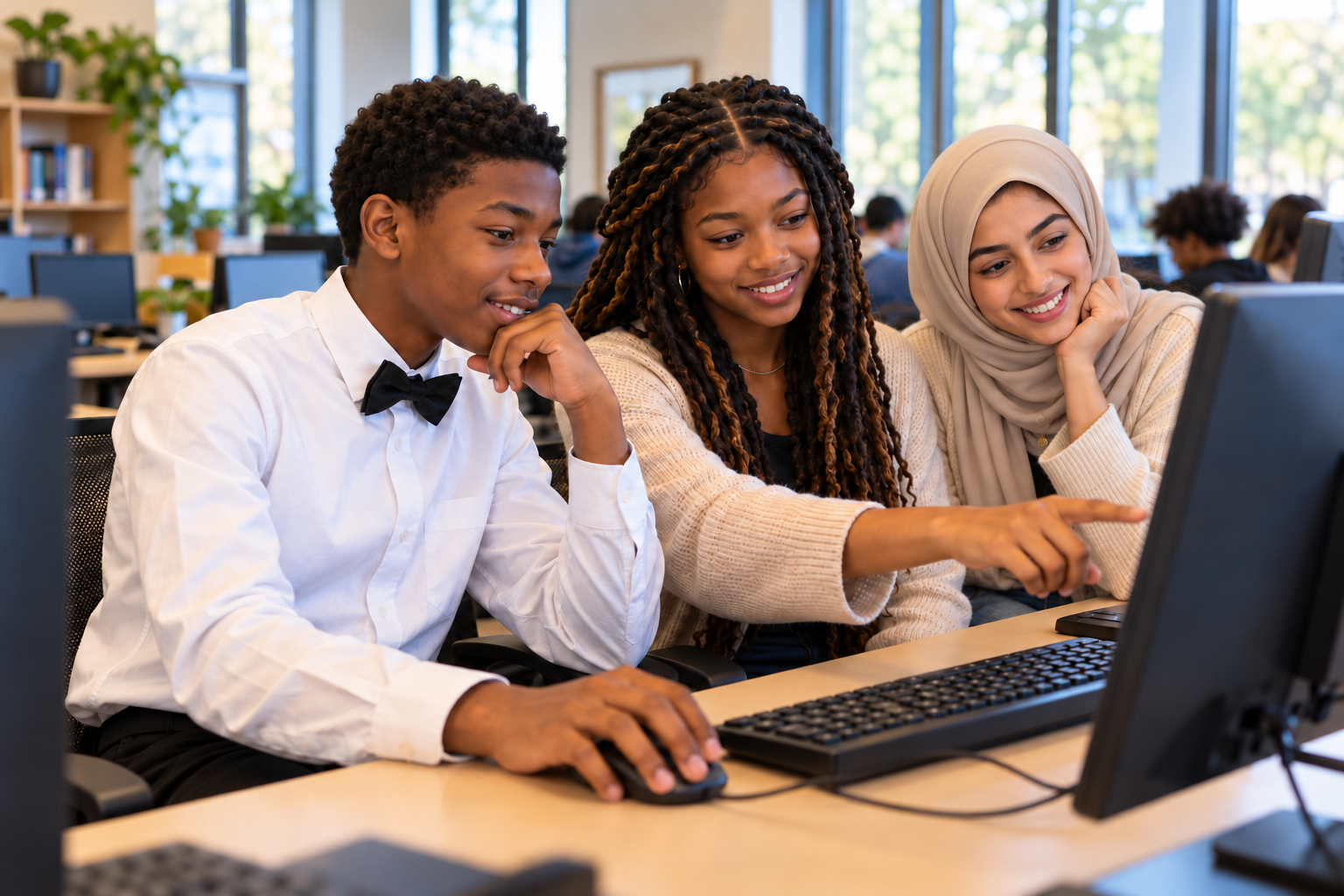 Three teenagers learning in a computer lab: a Black boy wearing a white shirt and black bow tie, a Black girl with locs, and an Egyptian girl wearing a hijab